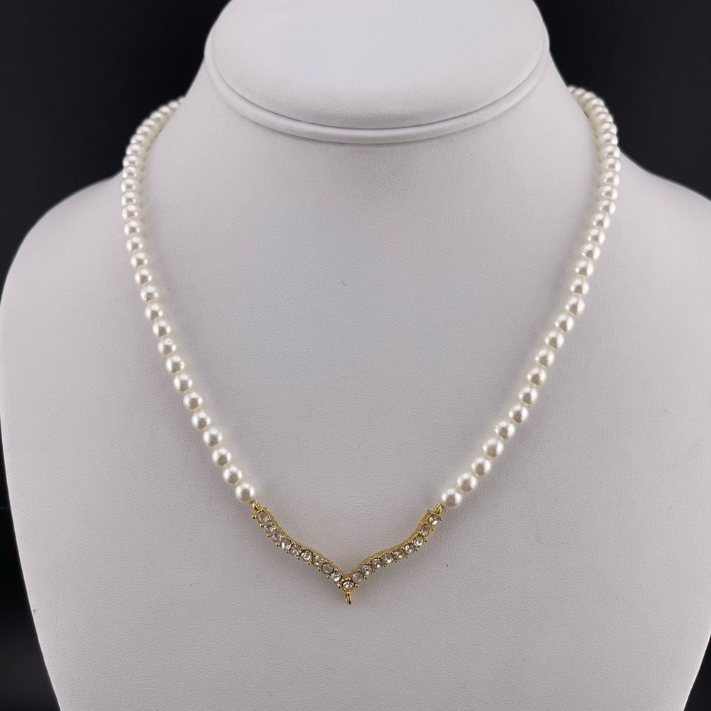 Vintage Faux Pearl and Clear Rhinestone V Shaped Necklace Gold Tone
